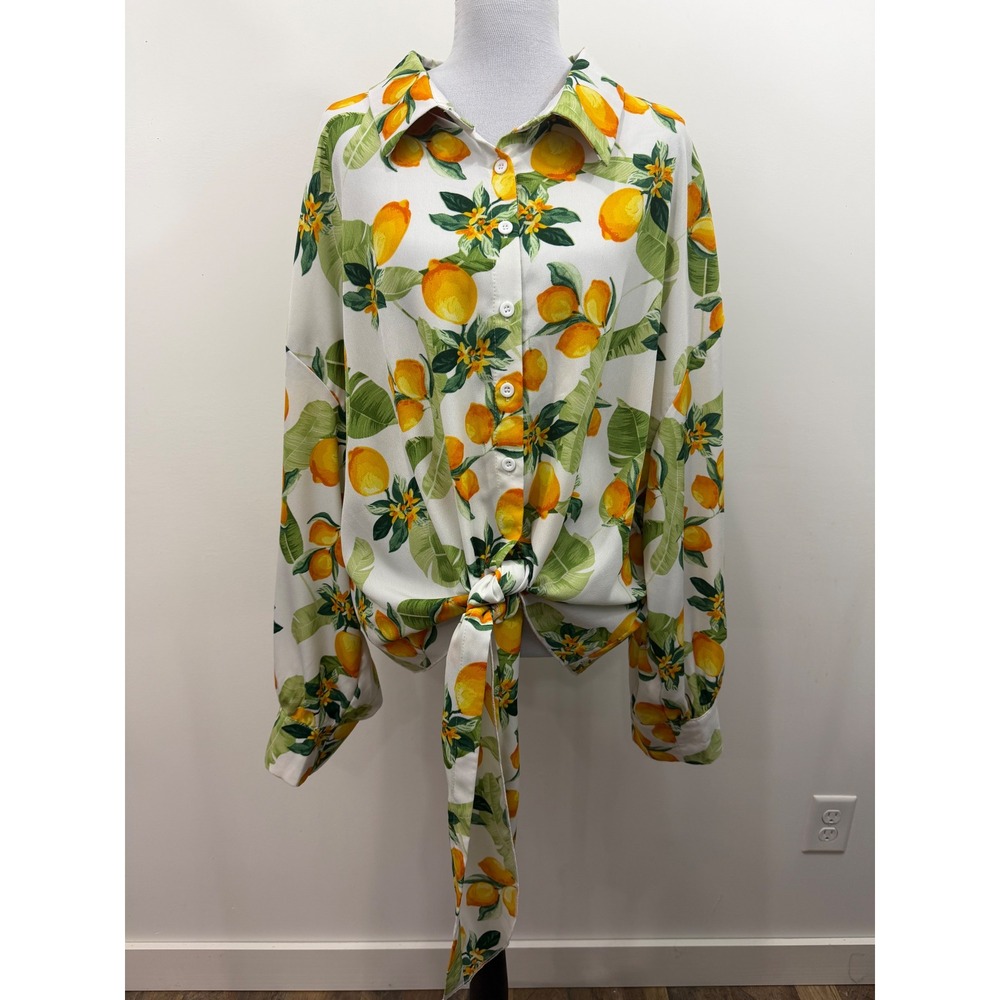 SHEIN CURVE Lemon Print Tie Front Button Down Shirt White Yellow 4XL Plus Size